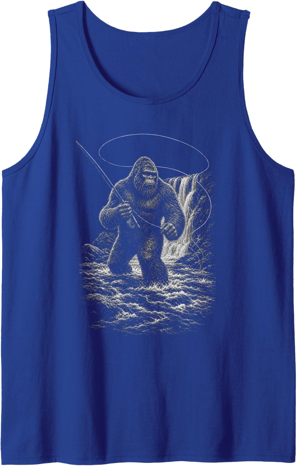 Bigfoot Fly Fishing Engraved Line Art Sasquatch River Sleeveless Tank Top - Royal Blue