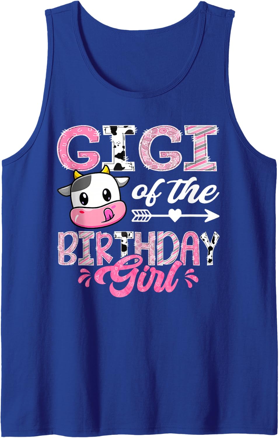 Gigi of The Birthday Girl Pink Farm Cow 1st Birthday Sleeveless Tank Top - Royal Blue