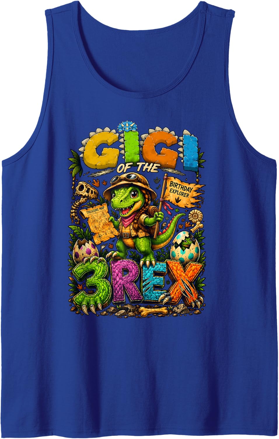 Grandma Gigi of The Three Rex Birthday Dinosaur T-Rex Tank Top - Royal Blue