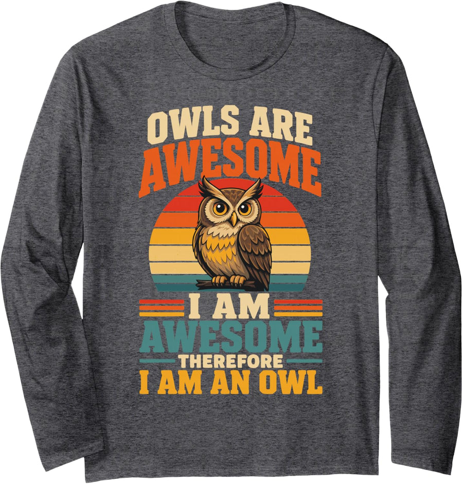 Owl Lover Vintage Bird Owl Long Sleeve T-Shirt - Adult Unisex Dark Heather Grey