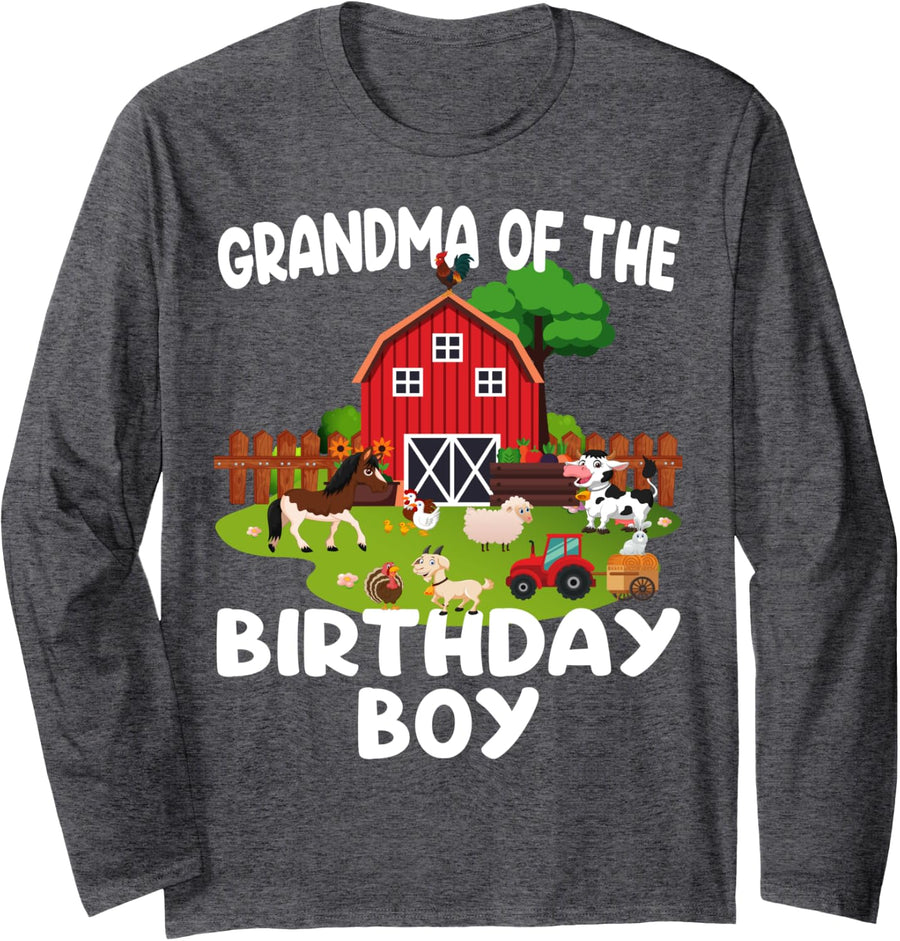 Barnyard Birthday Farm Animals Grandma Birthday Boy Long Sleeve T-Shirt - Adult Unisex Dark Heather Grey