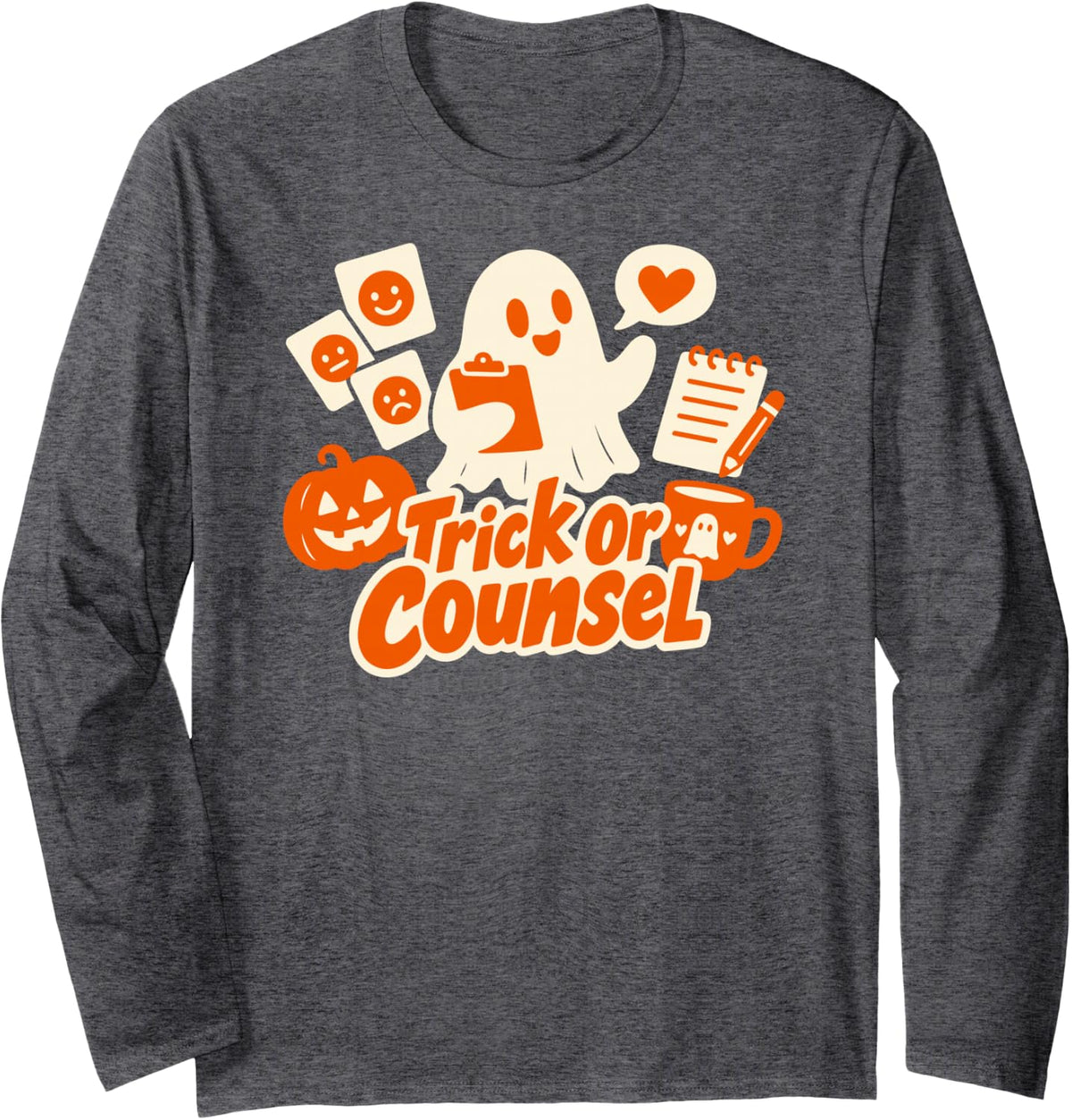 Trick or Counsel Halloween Ghost for School Counselors Long Sleeve T-Shirt - Adult Unisex Dark Heather Grey