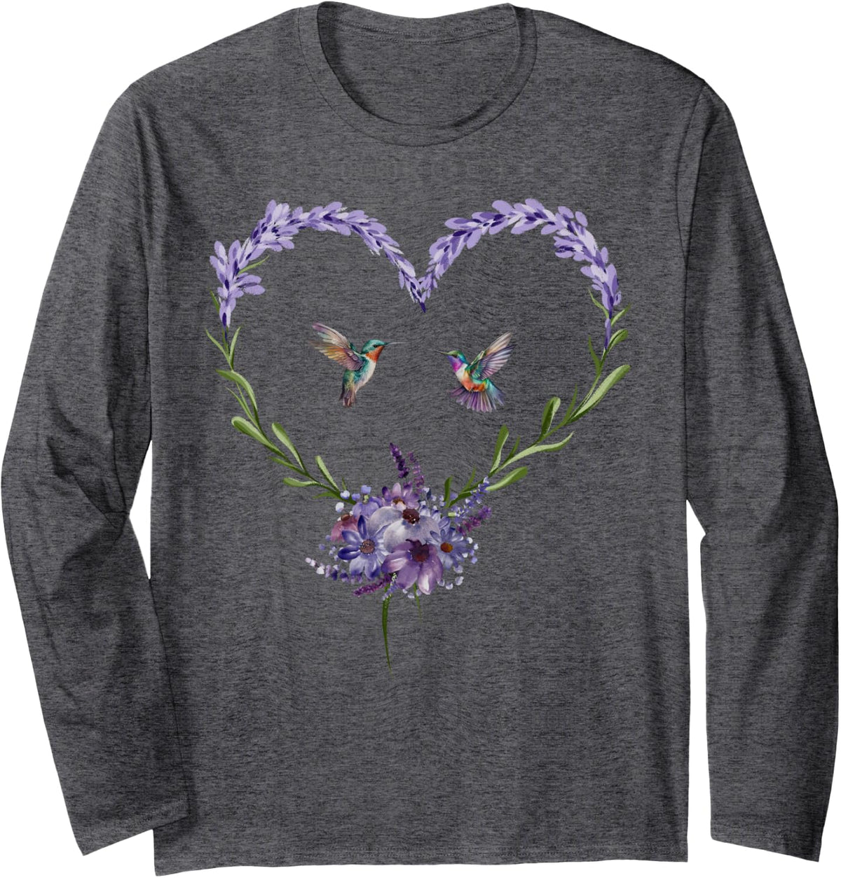 Hummingbird Lavender Flower Heart Botanical Nature Lover Long Sleeve T-Shirt - Adult Unisex Dark Heather Grey