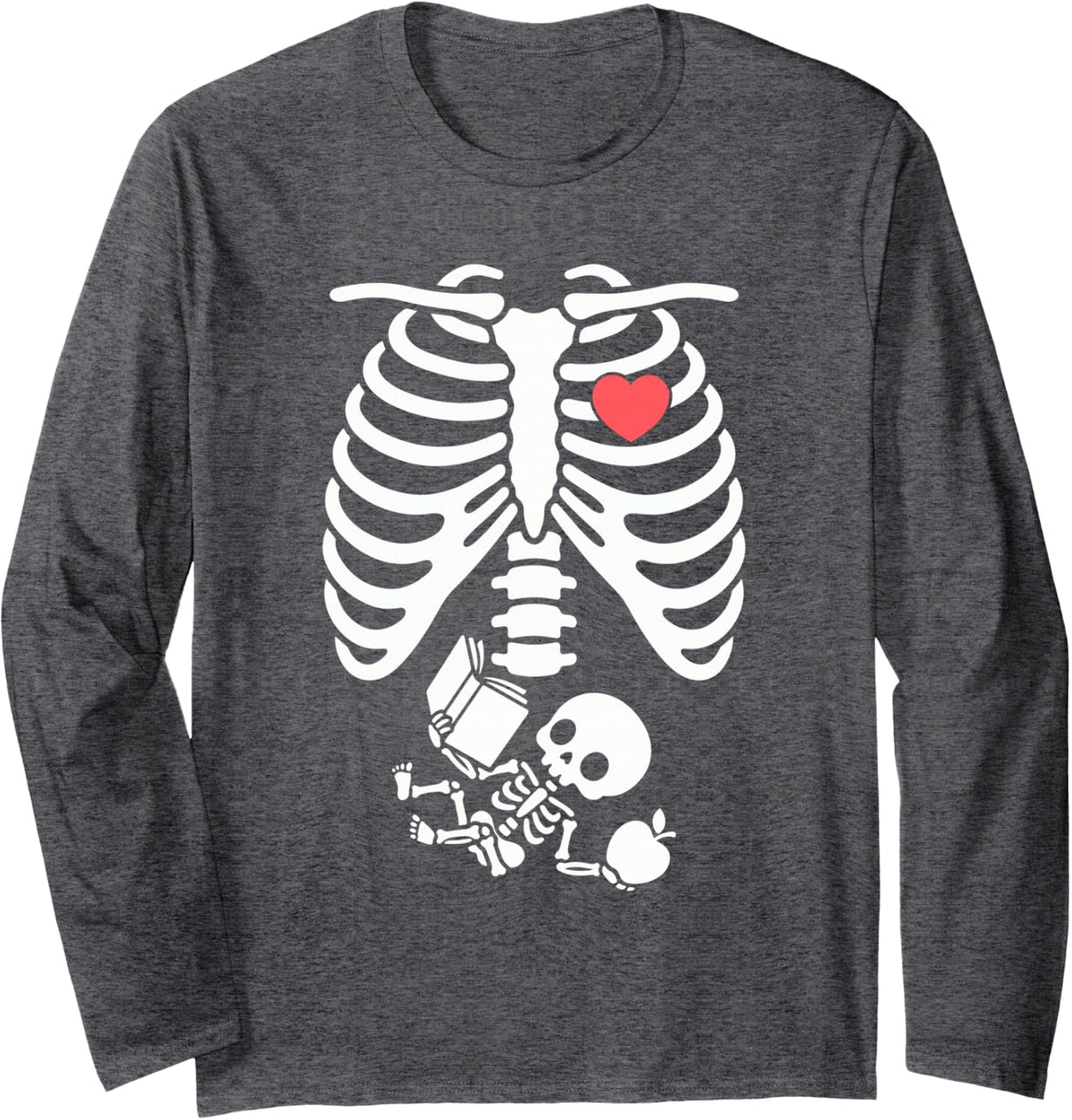 Teacher Skeleton Ribcage Apple Book Baby Bump Halloween Art Long Sleeve T-Shirt - Adult Unisex Dark Heather Grey