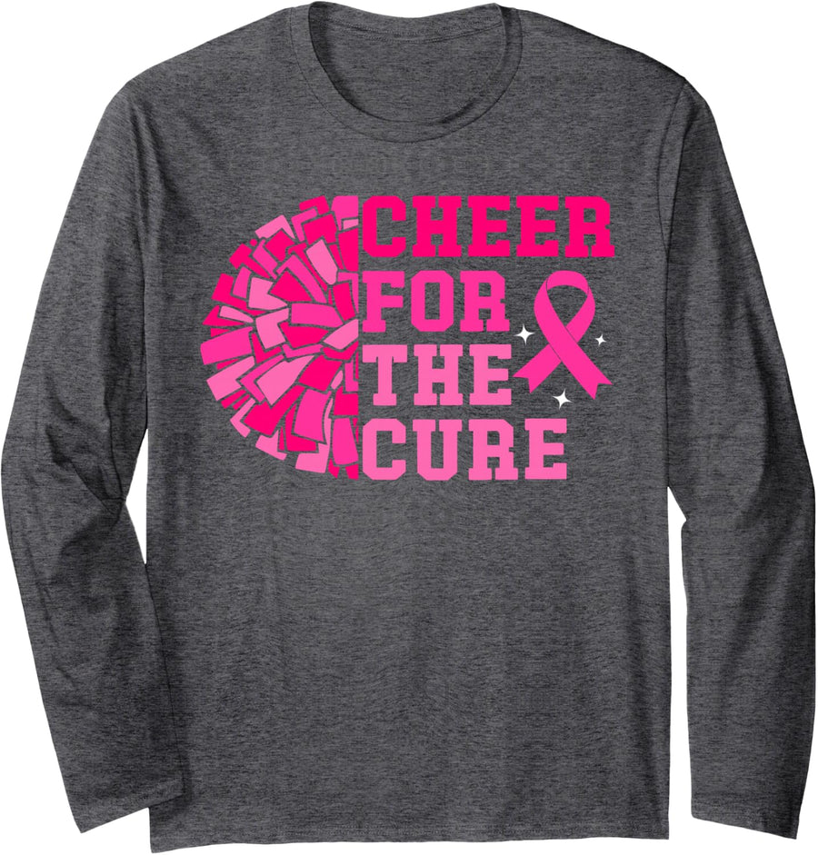 Cheer For The Cure Retro Breast Cancer Awareness Cheerleader Long Sleeve T-Shirt - Adult Unisex Dark Heather Grey