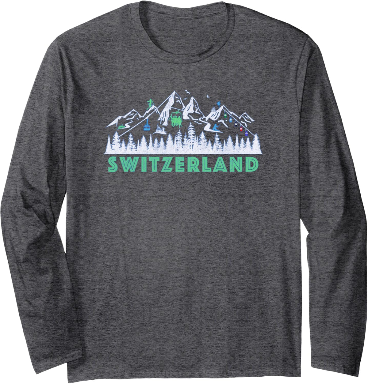Retro Switzerland Illustration - Vintage Snow Ski Long Sleeve T-Shirt - Adult Unisex Dark Heather Grey
