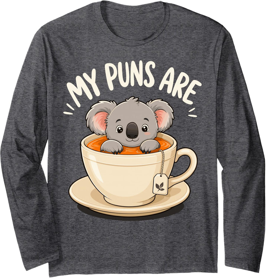 Koala Pun Koala-Tea Long Sleeve T-Shirt - Adult Unisex Dark Heather Grey