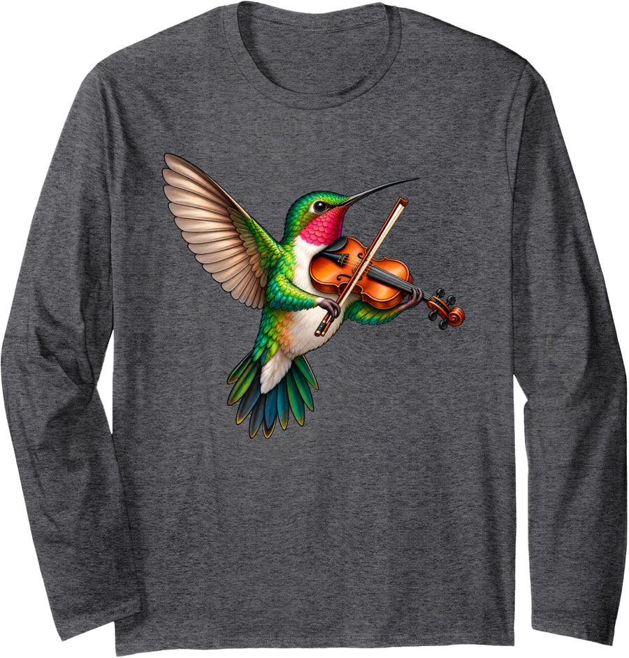 Cute Hummingbird Bird Playing Violin Musician Music Long Sleeve T-Shirt - Adult Unisex Dark Heather Grey