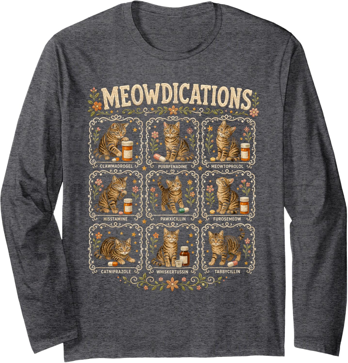 Pharmacy Technician Cat Funny Meowdications Long Sleeve T-Shirt - Adult Unisex Dark Heather Grey