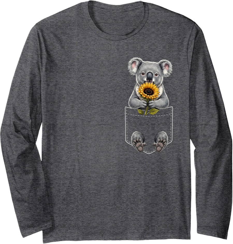 Koala Pocket Holding Sunflower Animal Lover Long Sleeve T-Shirt - Adult Unisex Dark Heather Grey