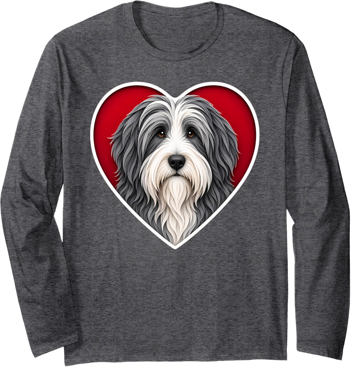 Bearded Collie Heart Long Sleeve T-Shirt - Adult Unisex Dark Heather Grey