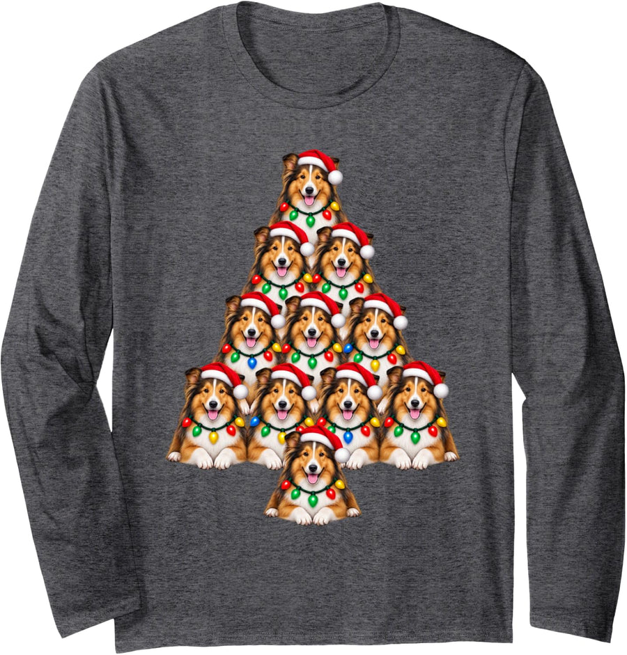 Rough Collie Christmas Tree Santa Hat Pet Dogs Lover Xmas Long Sleeve T-Shirt - Adult Unisex Dark Heather Grey