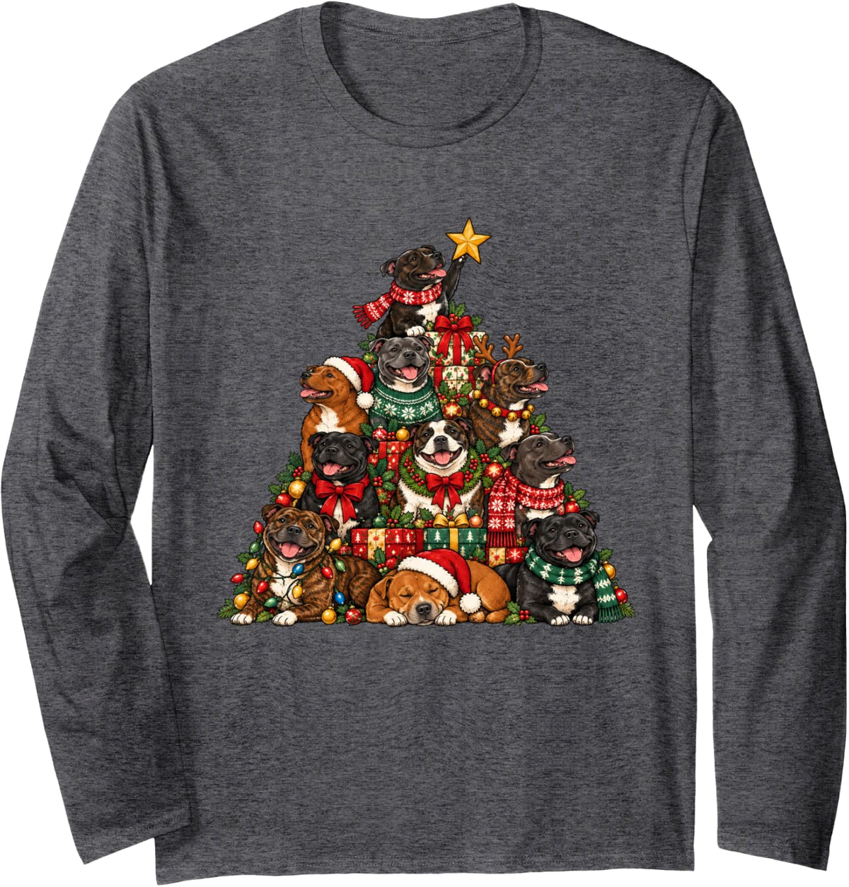 Funny Staffordshire Bull Terrier Christmas Lights Tree Dog Long Sleeve T-Shirt - Adult Unisex Dark Heather Grey