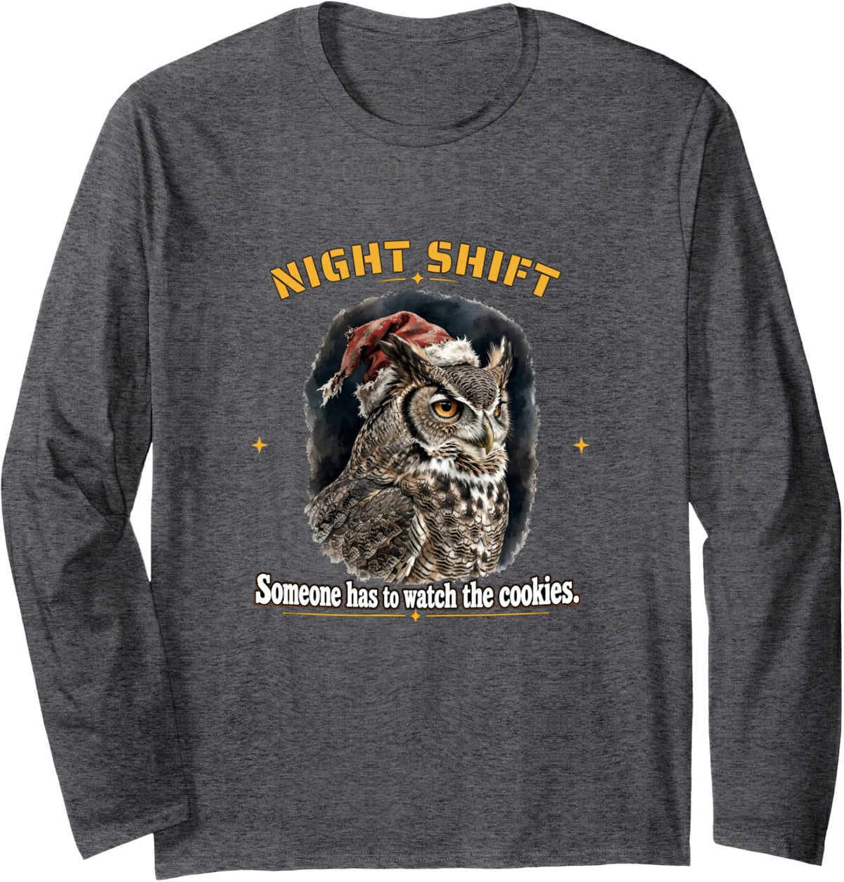 Funny Owl Working Late Christmas Overnights Long Sleeve T-Shirt - Adult Unisex Dark Heather Grey