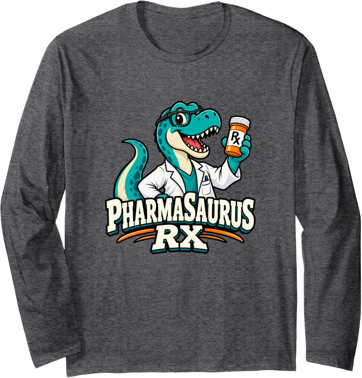 Pharmasaurus Rx Funny Pharmacist Pharmacy Technician Long Sleeve T-Shirt - Adult Unisex Dark Heather Grey
