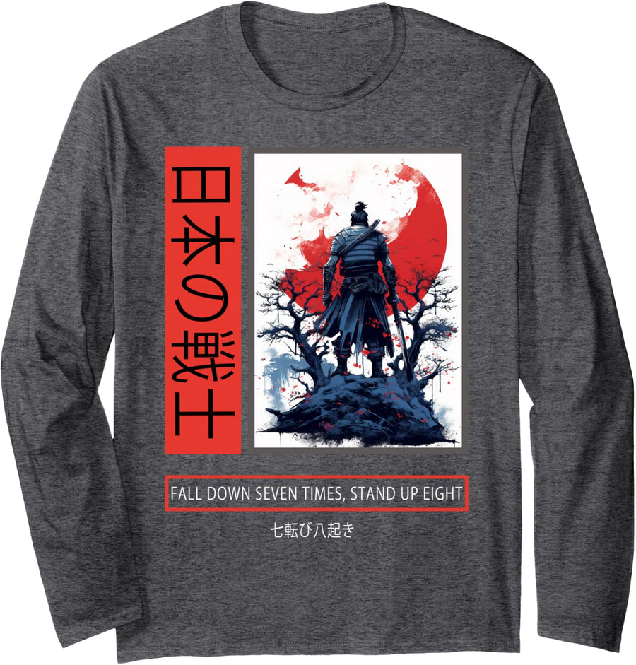 Japanese Art Samurai Vintage Fighter Anime Bushido Kanji Long Sleeve T-Shirt - Adult Unisex Dark Heather Grey