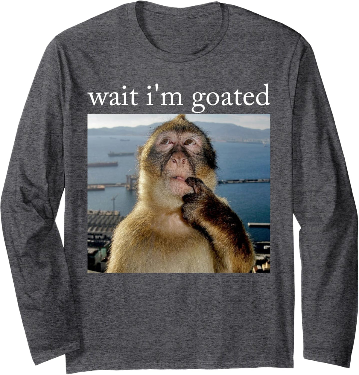 Wait I'm Goated Funny Monkey Sarcastic Viral Meme Long Sleeve T-Shirt - Adult Unisex Dark Heather Grey