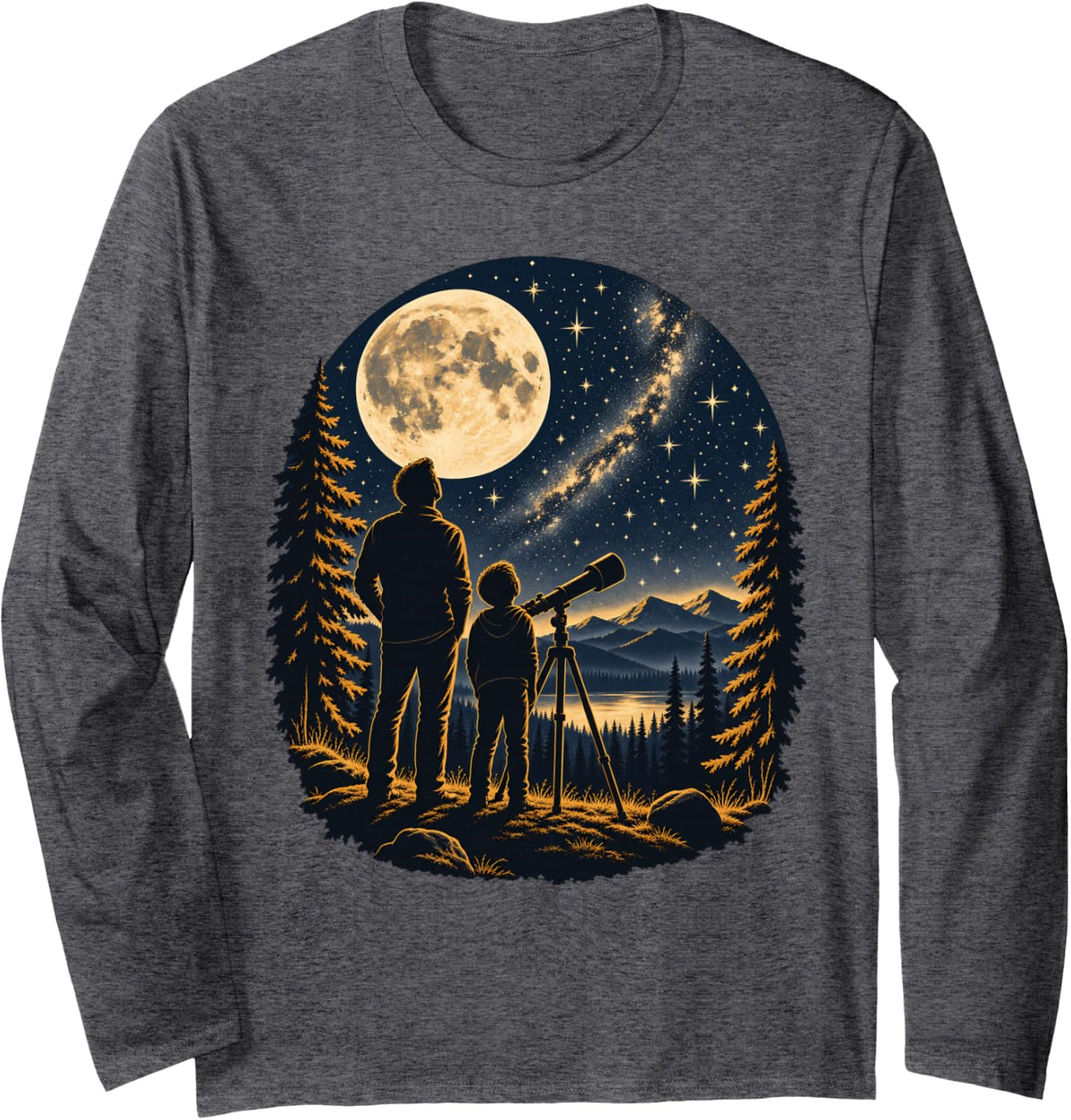 Moon Parent Kid Dad Son Telescope Stargazing Astronomy Long Sleeve T-Shirt - Adult Unisex Dark Heather Grey