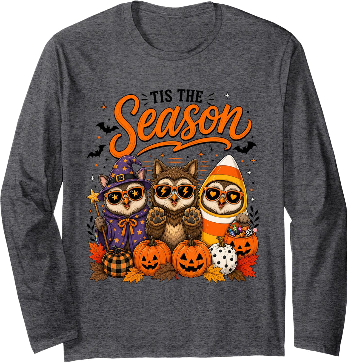 Tis The Season Halloween Owl Pumpkin Costume Long Sleeve T-Shirt - Adult Unisex Dark Heather Grey