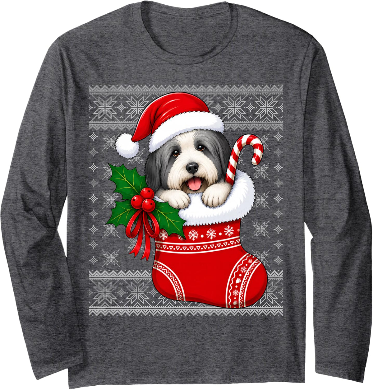 Bearded Collie Dog Christmas Stocking Cute Festive Ugly Xmas Long Sleeve T-Shirt - Adult Unisex Dark Heather Grey