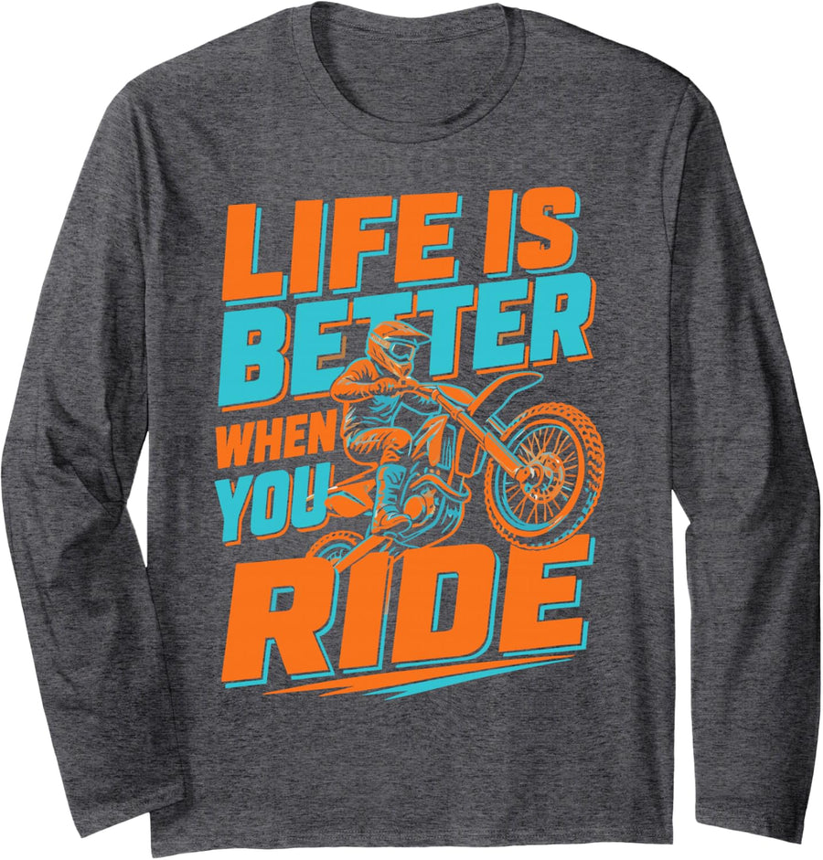 Dirt Bike Racing Graphic Motocross Rider Long Sleeve T-Shirt - Adult Unisex Dark Heather Grey