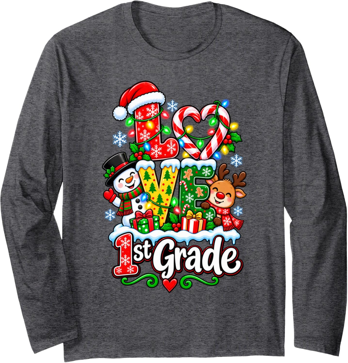 Love 1st Grade Teacher Xmas Gingerbread Christmas Pajamas Long Sleeve T-Shirt - Adult Unisex Dark Heather Grey