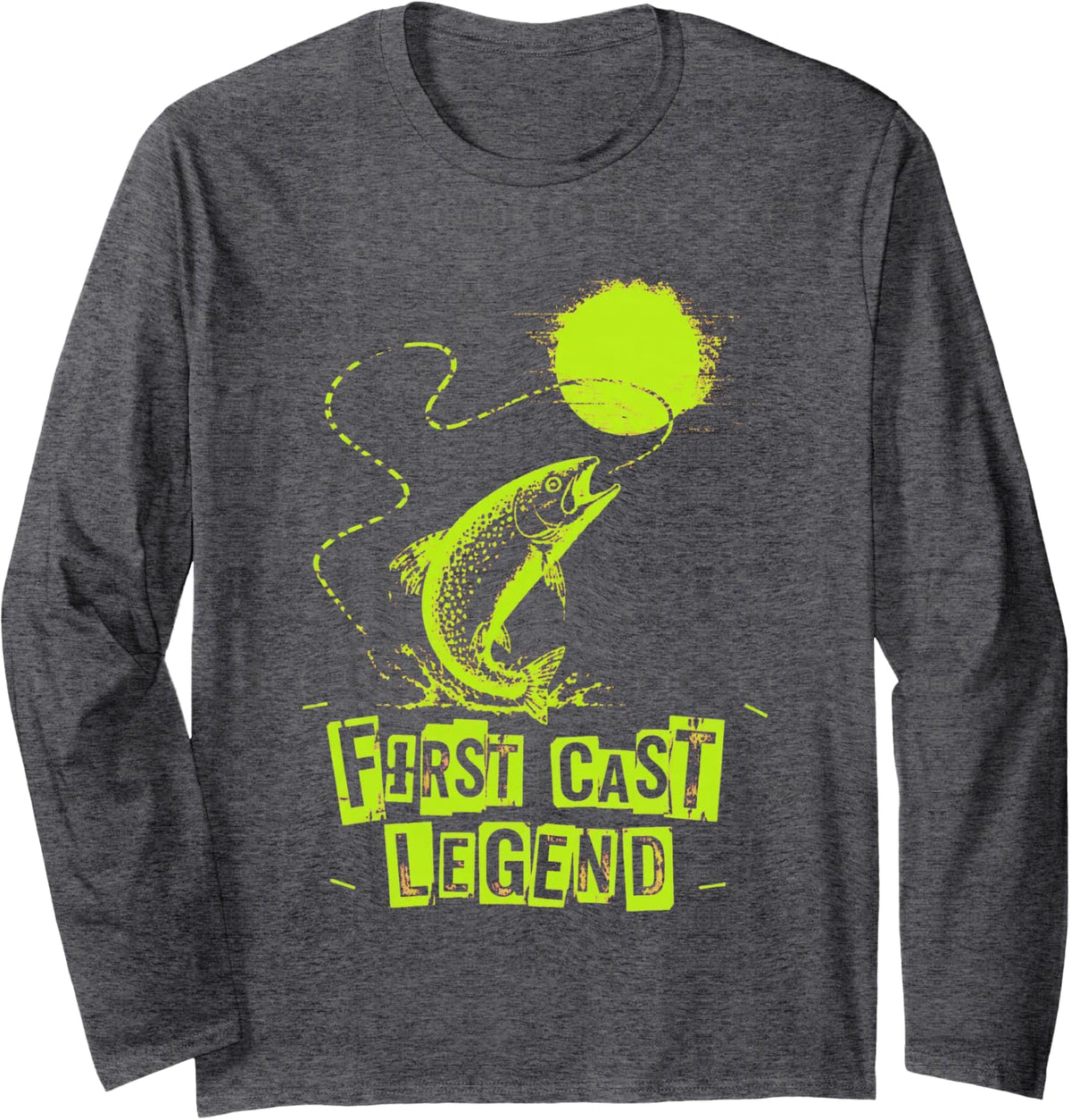 First CAST Legend Grunge Fly Fisherman Art Long Sleeve T-Shirt - Adult Unisex Dark Heather Grey