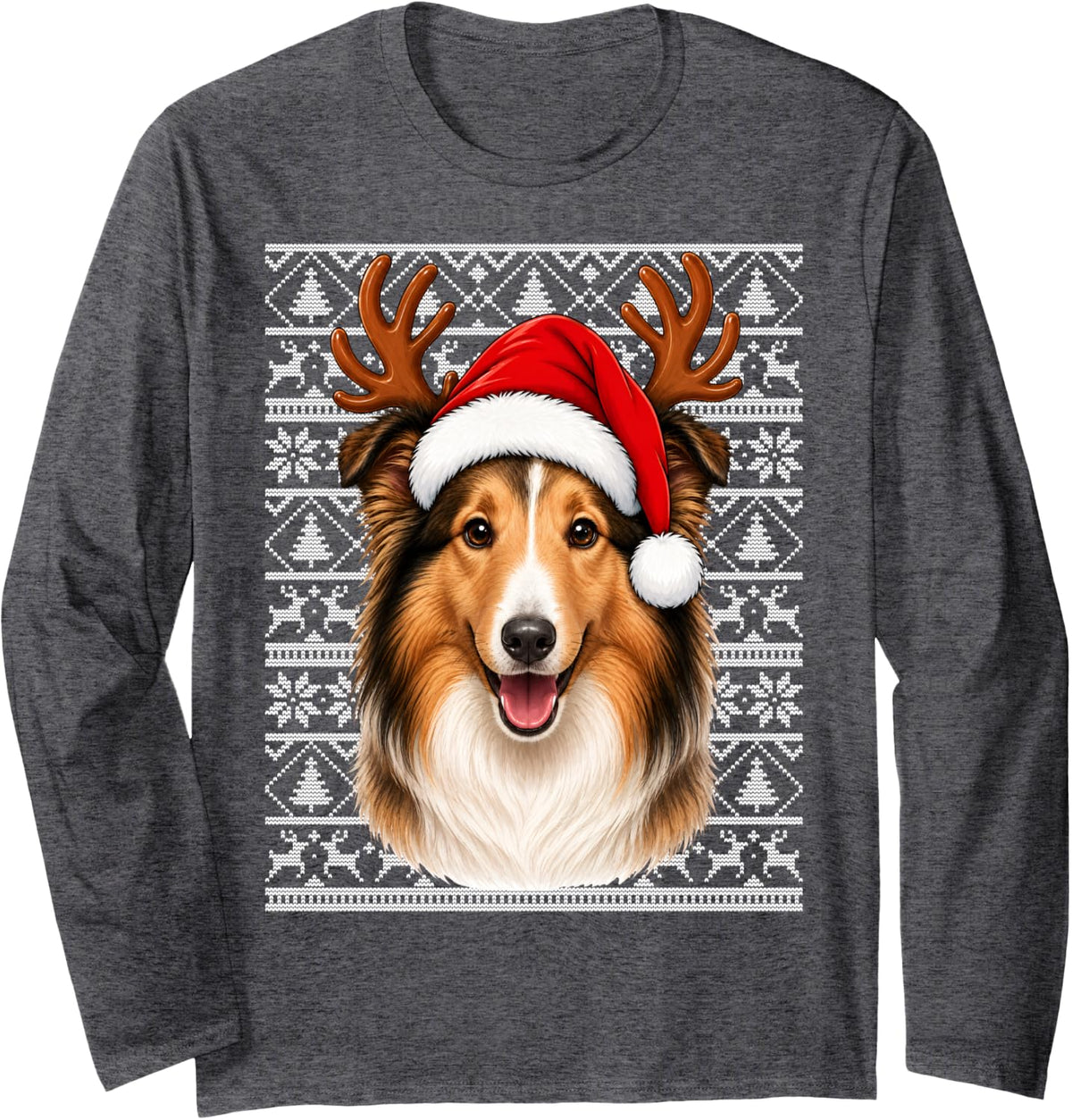 Rough Collie Dog Christmas Santa Hat Ugly Sweater Xmas Long Sleeve T-Shirt - Adult Unisex Dark Heather Grey