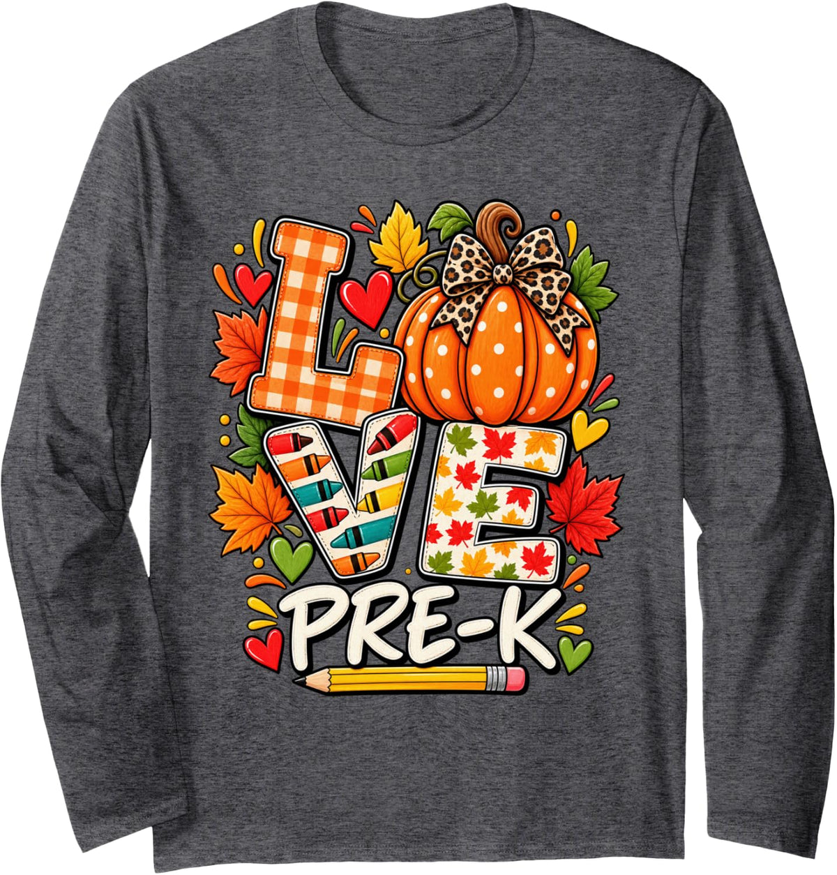 Pumpkin Preschool Love Pre K Fall Teacher Thanksgiving Long Sleeve T-Shirt - Adult Unisex Dark Heather Grey