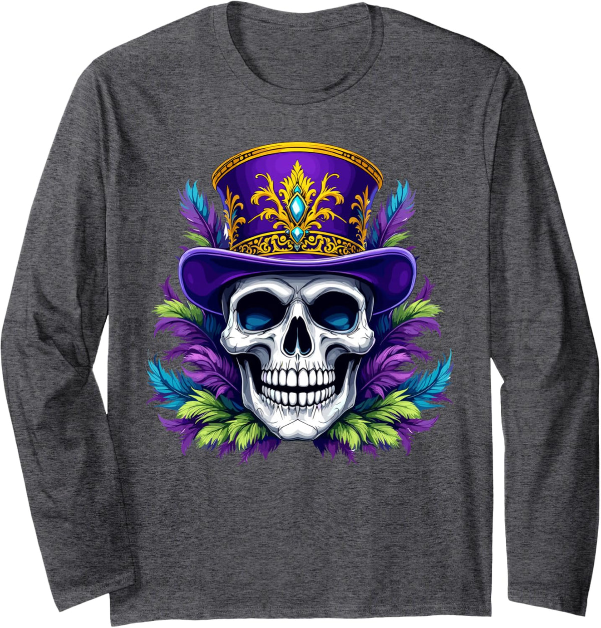 Skull Mardi Gras Skeleton Hat Carnival New Orleans Long Sleeve T-Shirt - Adult Unisex Dark Heather Grey