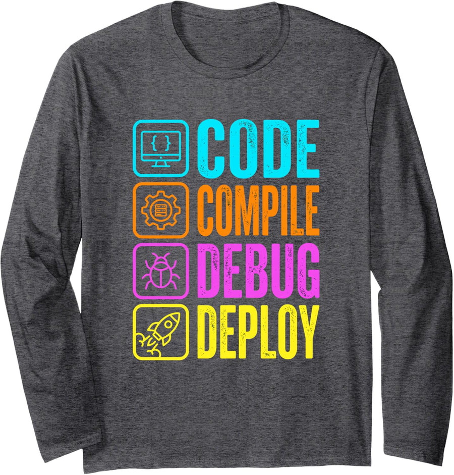 Software Developer Code Compile Debug Programmer Coding Long Sleeve T-Shirt - Adult Unisex Dark Heather Grey