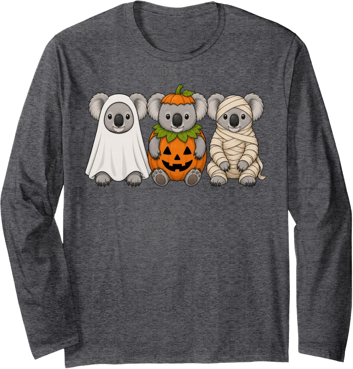 Spooky Koala Pumpkin Ghost Halloween Long Sleeve T-Shirt - Adult Unisex Dark Heather Grey