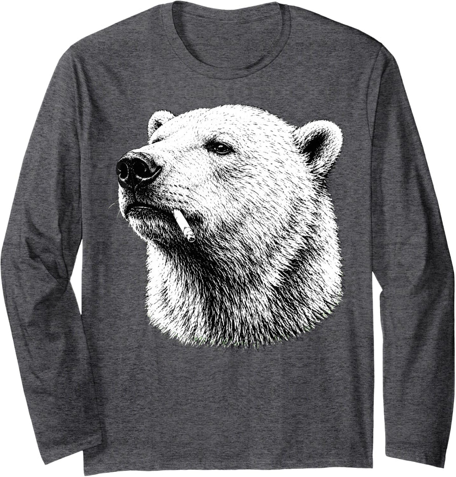 Polar Bear Smoking Cigarette Funny Meme Long Sleeve T-Shirt - Adult Unisex Dark Heather Grey