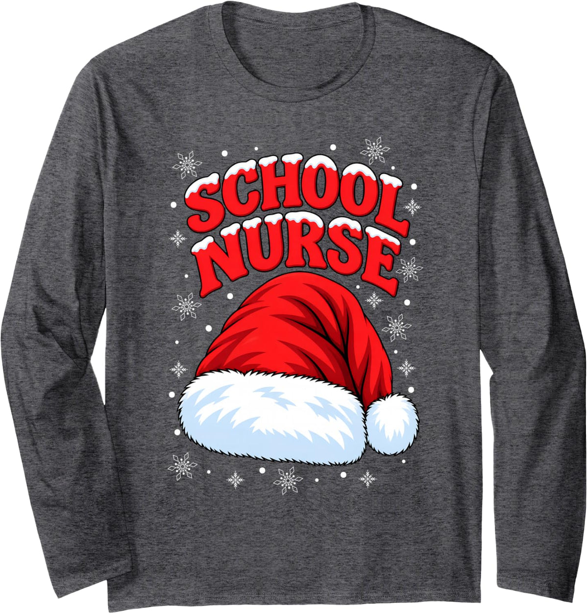 School Nurse Santa Hat Festive Christmas Long Sleeve T-Shirt - Adult Unisex Dark Heather Grey
