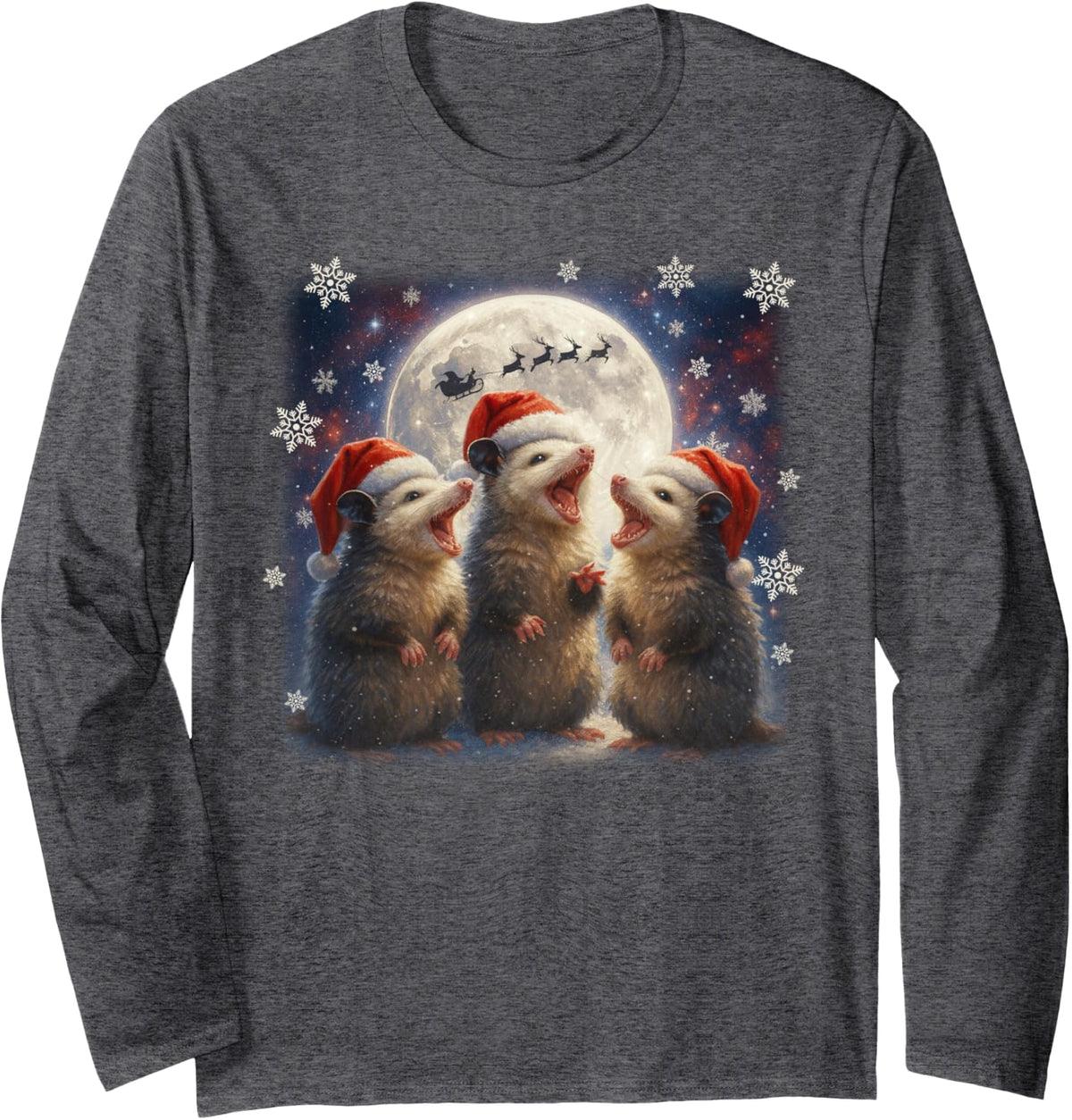 Howling Opossums Under the Moon Christmas Funny Weird Meme Long Sleeve T-Shirt - Adult Unisex Dark Heather Grey