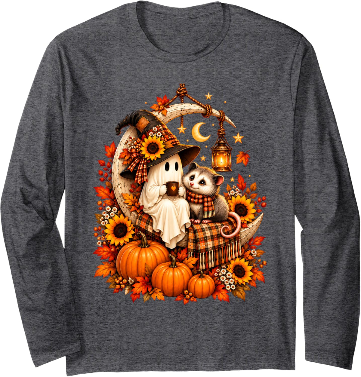 Retro Ghost Opossum Fall Halloween Pumpkin Autumn Moon Long Sleeve T-Shirt - Adult Unisex Dark Heather Grey