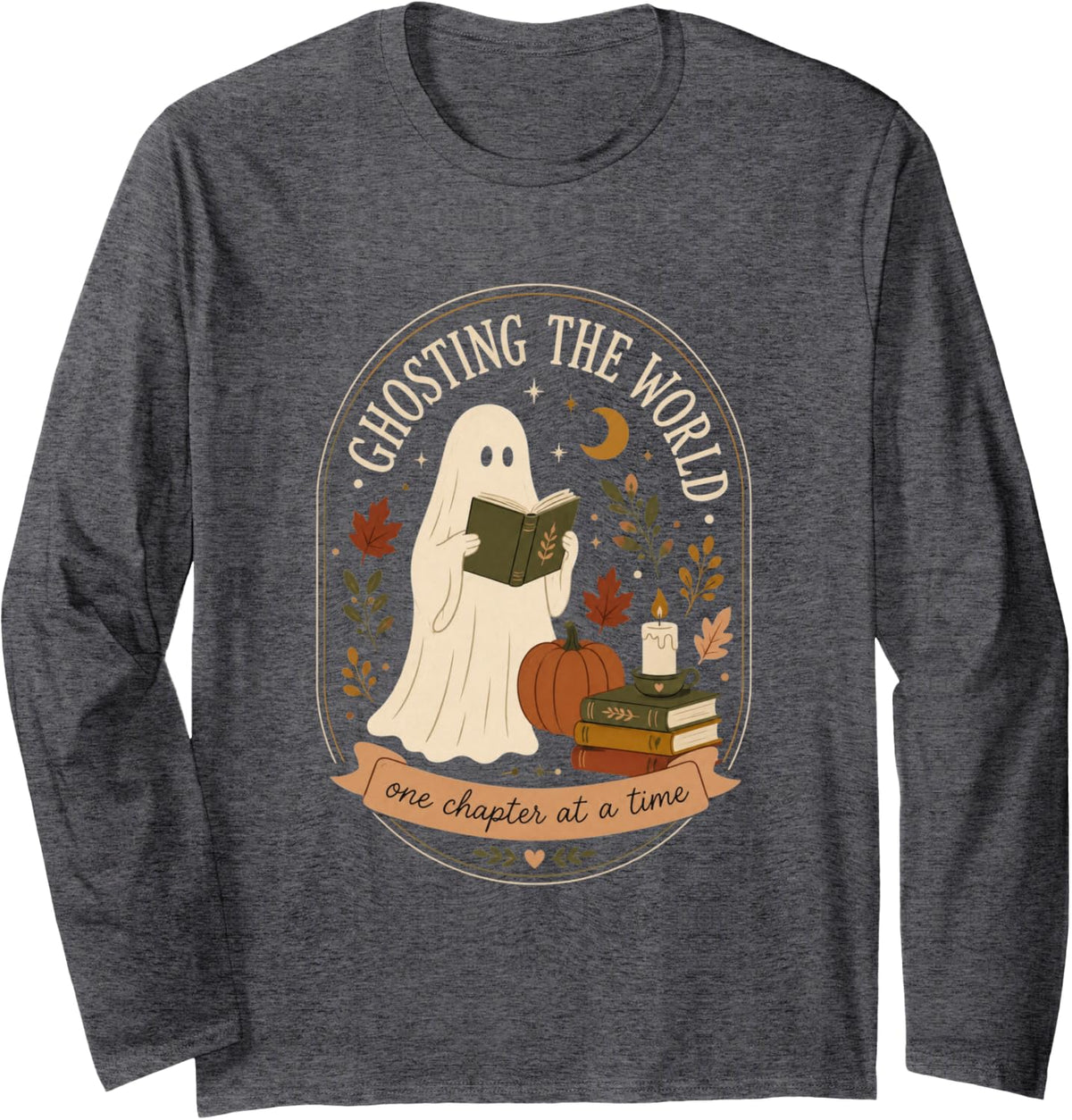 Cute Ghost Reading Book Lover Fall Halloween Reader Long Sleeve T-Shirt - Adult Unisex Dark Heather Grey