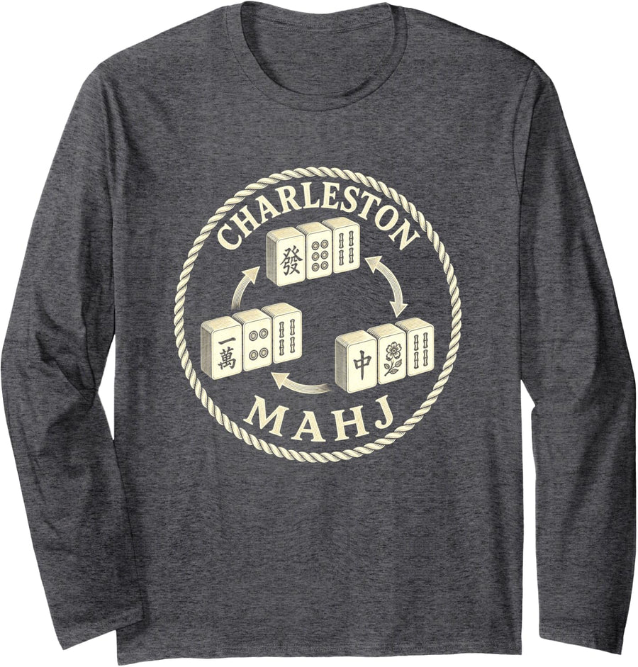 Mahjong Charleston Funny Inside Joke Long Sleeve T-Shirt - Adult Unisex Dark Heather Grey