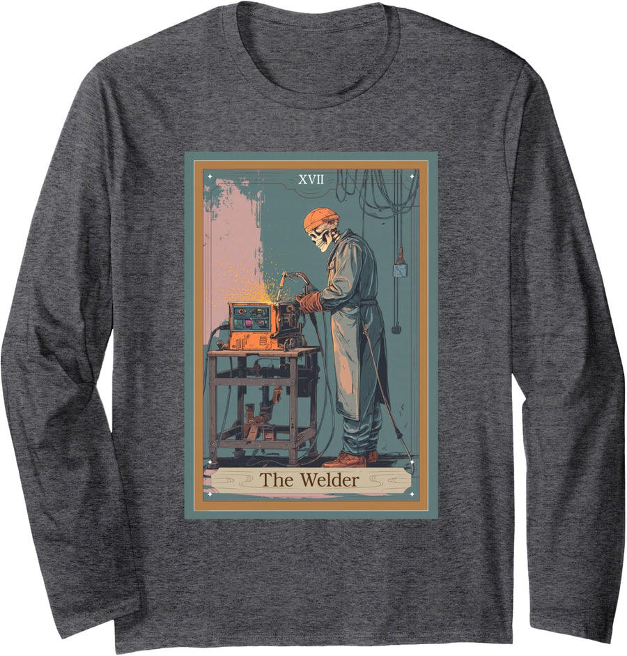 The Welder Welding Tarot Card Skeleton Long Sleeve T-Shirt - Adult Unisex Dark Heather Grey