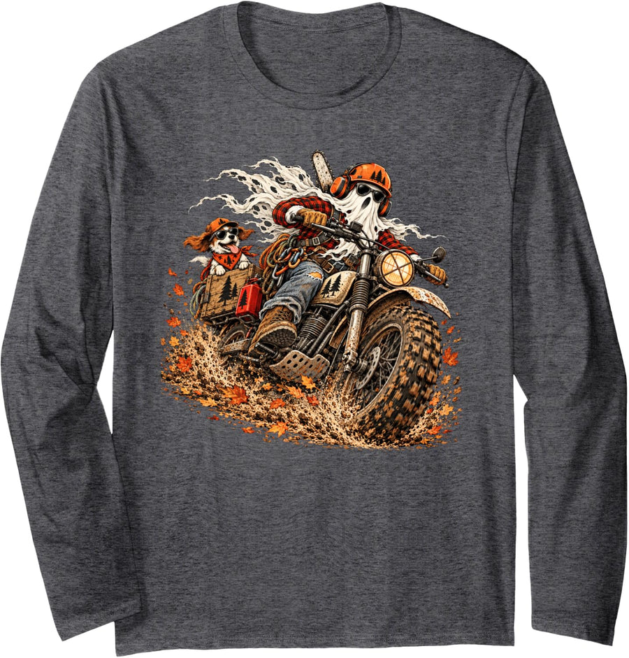 Arborist Ghost Motorcycle Halloween Tree Climber Chainsaw Long Sleeve T-Shirt - Adult Unisex Dark Heather Grey
