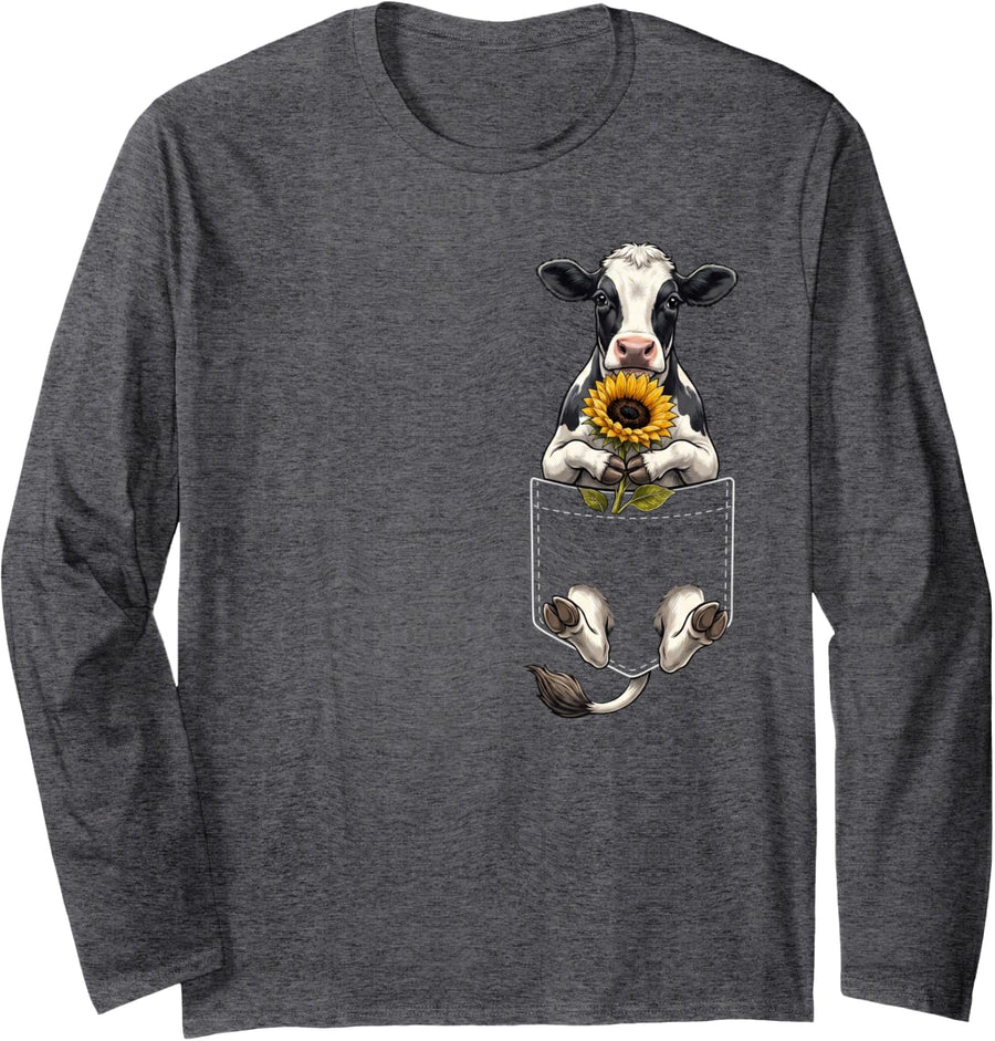 Cow Pocket Holding Sunflower Farm Animal Lover Long Sleeve T-Shirt - Adult Unisex Dark Heather Grey