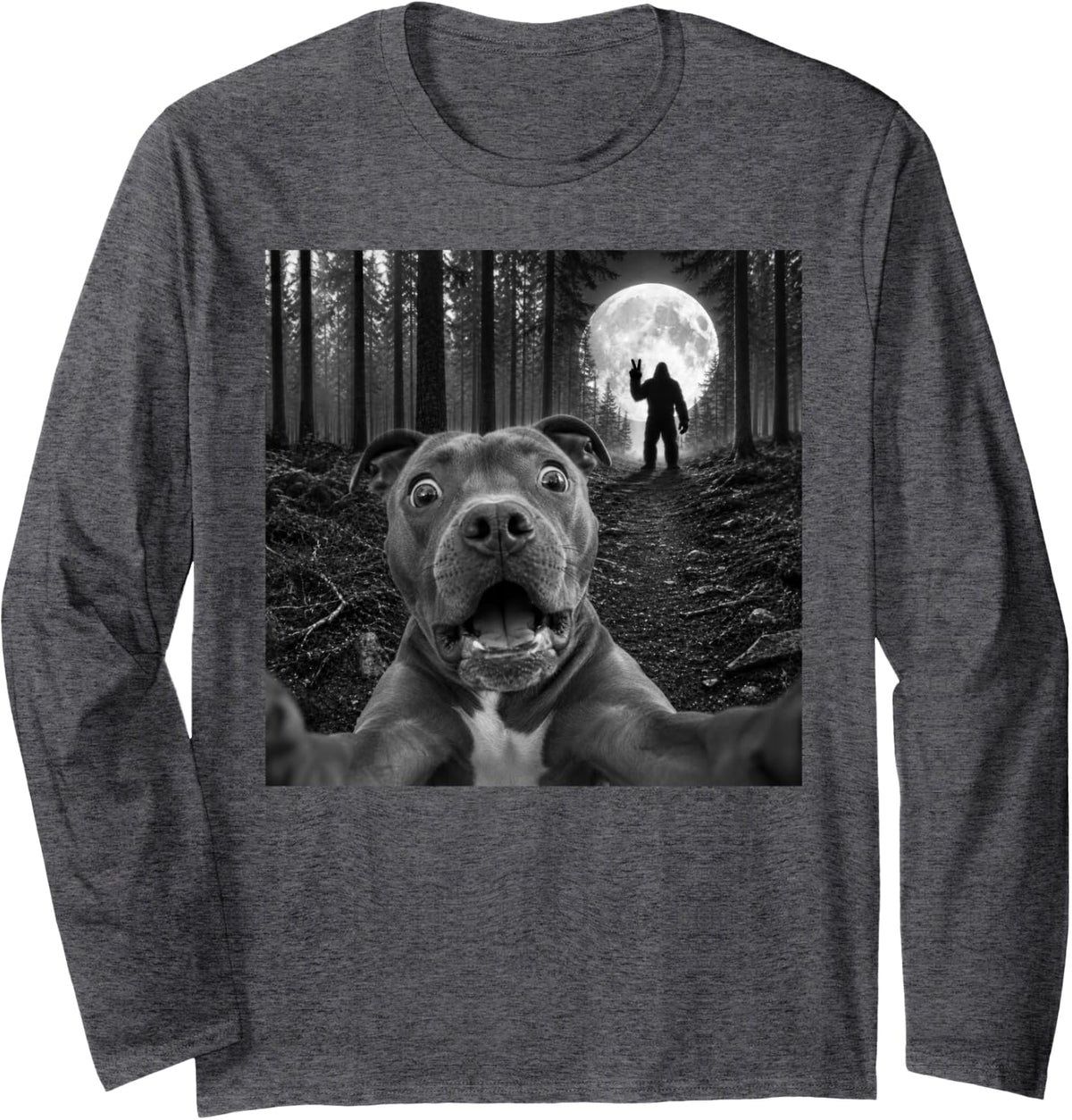 Staffordshire Bull Terrier Selfie with Bigfoot Peace Sign Long Sleeve T-Shirt - Adult Unisex Dark Heather Grey