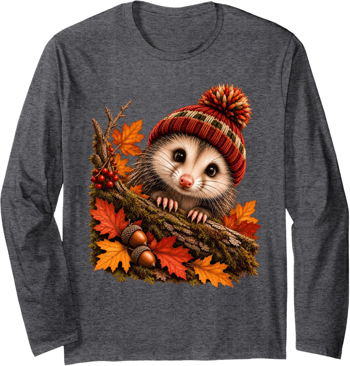 Cute Opossum Autumn Fall Outfit Funny Forest Animals Possum Long Sleeve T-Shirt - Adult Unisex Dark Heather Grey