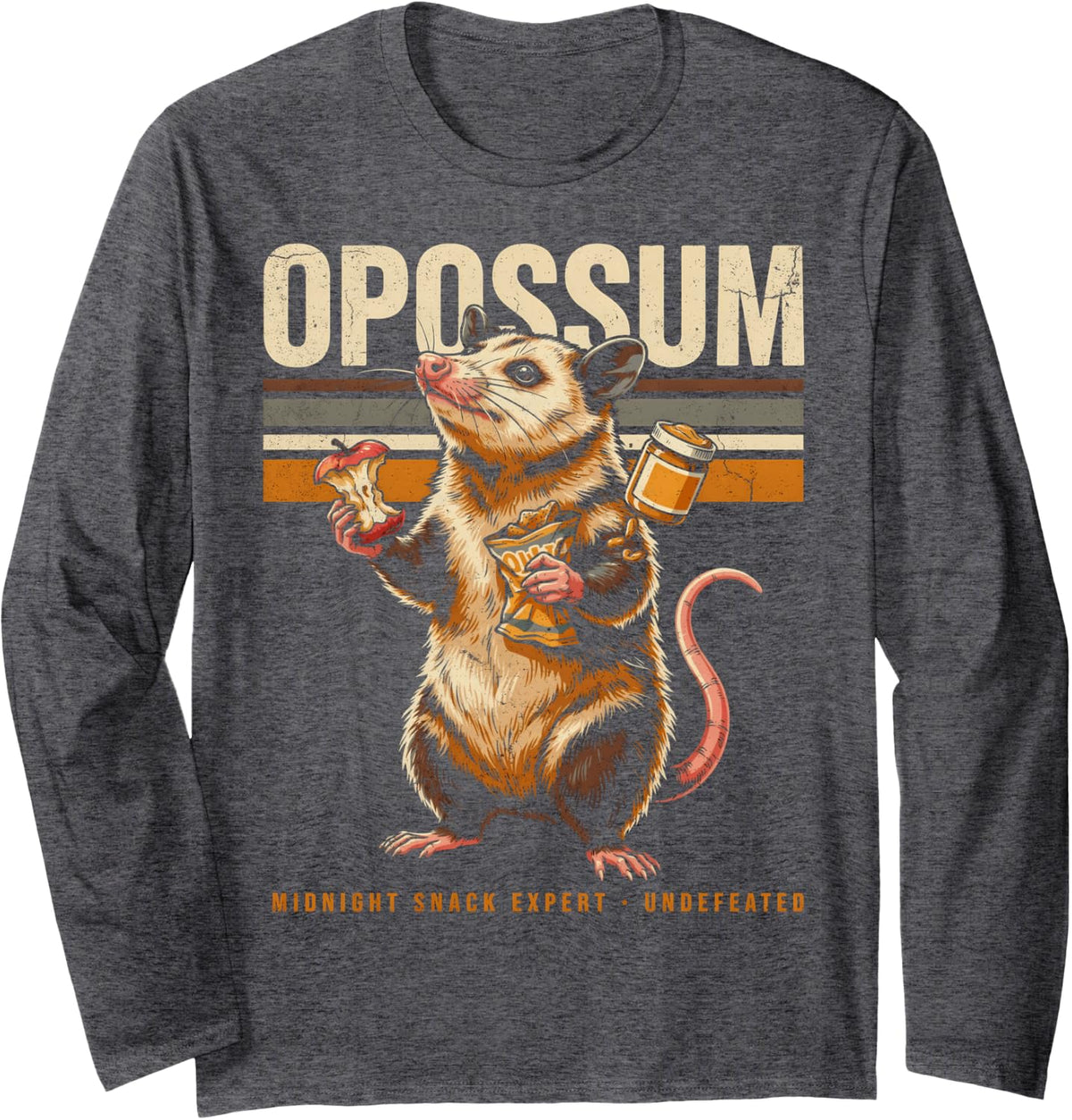 Nocturnal Opossum Midnight Snack Expert Undefeated Long Sleeve T-Shirt - Adult Unisex Dark Heather Grey