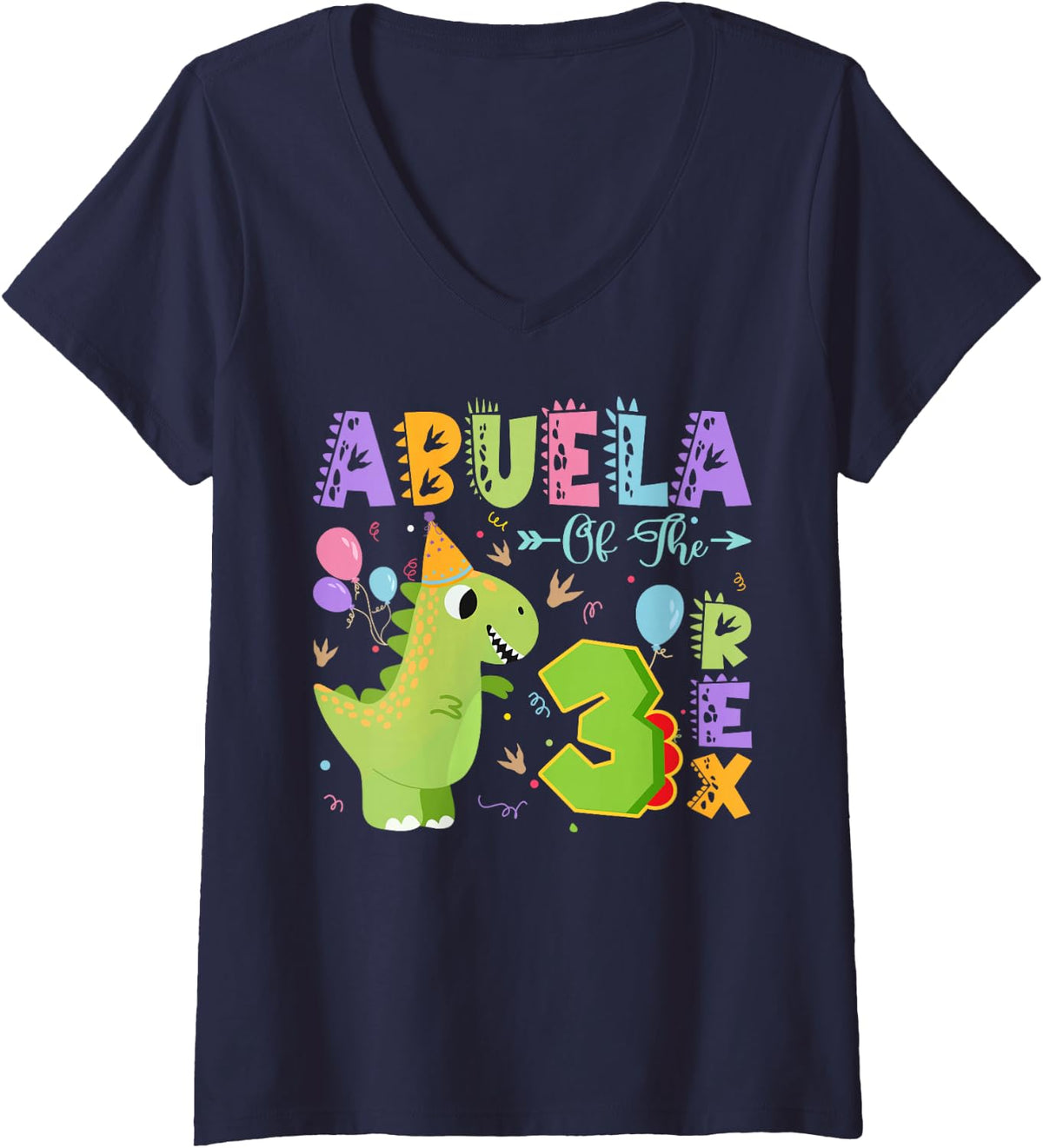 Women's Abuela of The Three Rex 3Rd Birthday Dinosaur Party V-Neck T-Shirt - Navy Blue