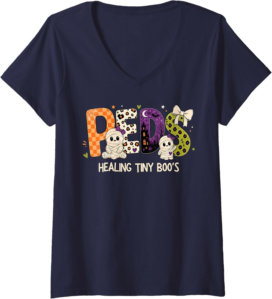 Women's PEDS Healing Tiny Boo's Ghost Mummy Pediatric RN Halloween V-Neck T-Shirt - Navy Blue