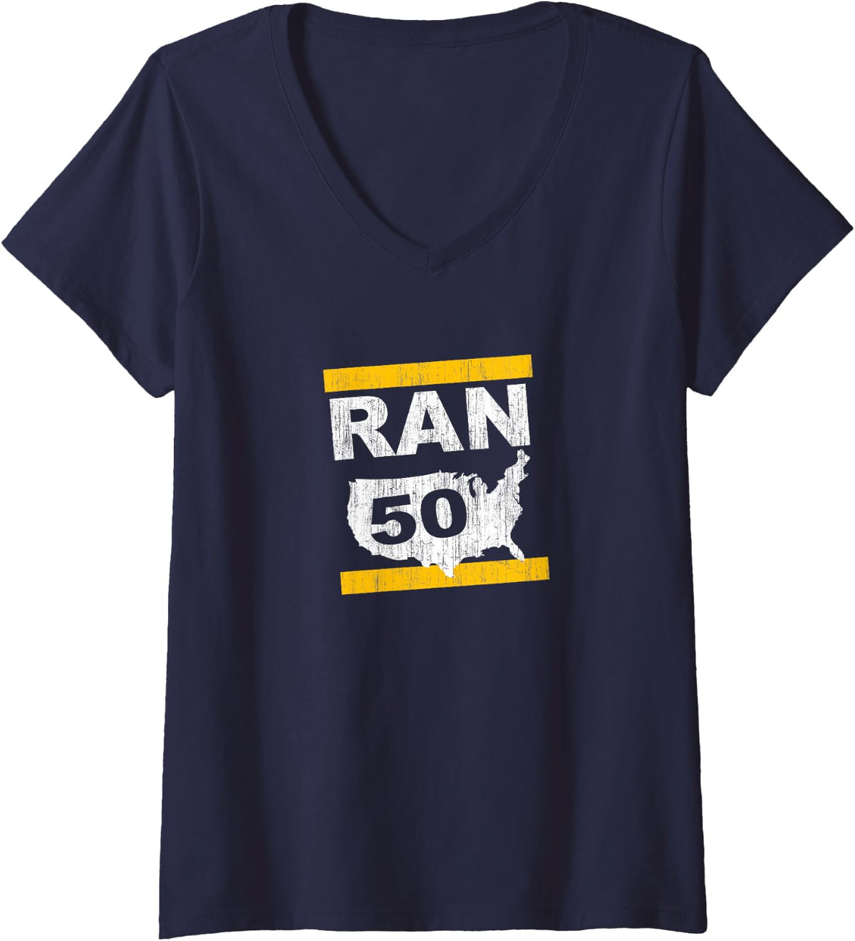 Women's Ran 50 States Twenty 6 Point 2 Miles Marathon Runner Design V-Neck T-Shirt - Navy Blue
