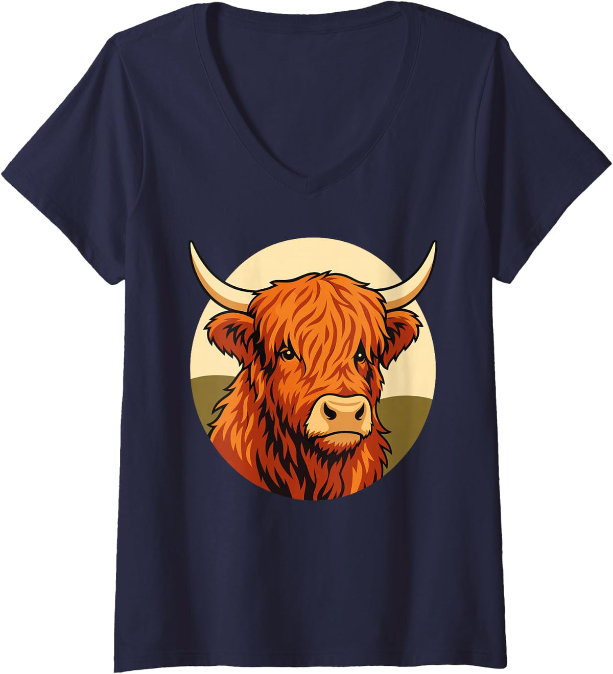 Women's Highland Cow Retro Sun Cow Lover V-Neck T-Shirt - Navy Blue