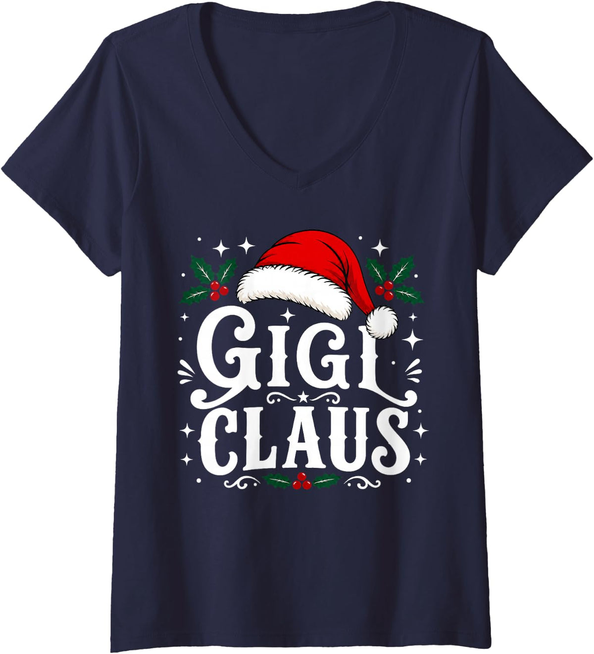 Women's Festive Gigi Claus Christmas Grandma Women Xmas V-Neck T-Shirt - Navy Blue
