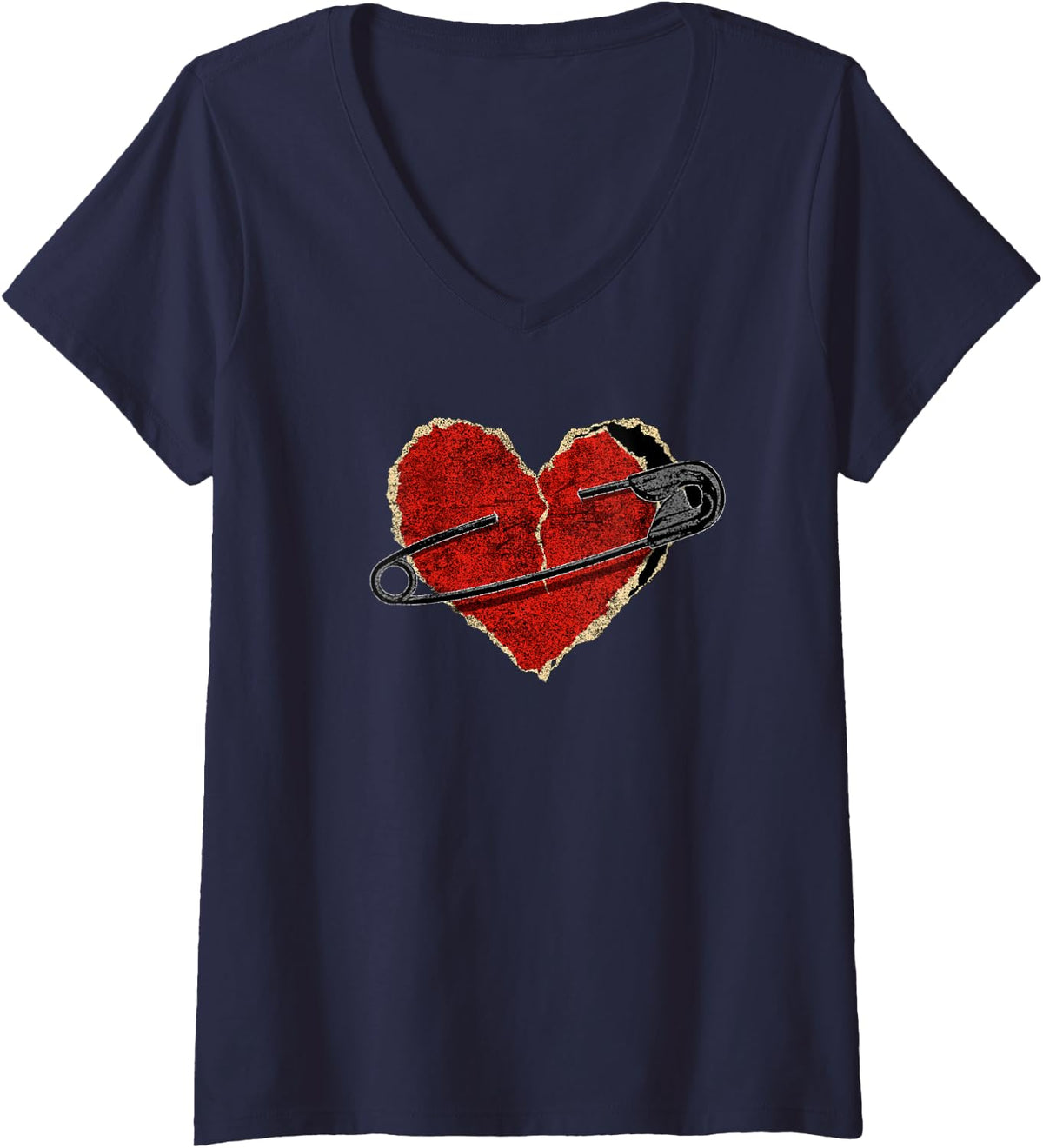 Safety Pin Heart - Punk Rock - Emo - Valentine's Day V-Neck T-Shirt - Navy Blue
